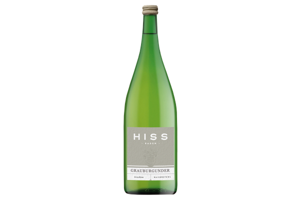 Literflasche Grauburgunder trocken mit grauem Hiss-Etikett – Sujet der Weinlinie Ständig