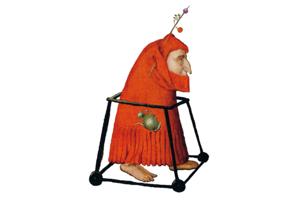 Rot vermummte Figur in einem Drahtgestell nach Hieronymus Bosch – Sujet der Weinlinie Unanständig